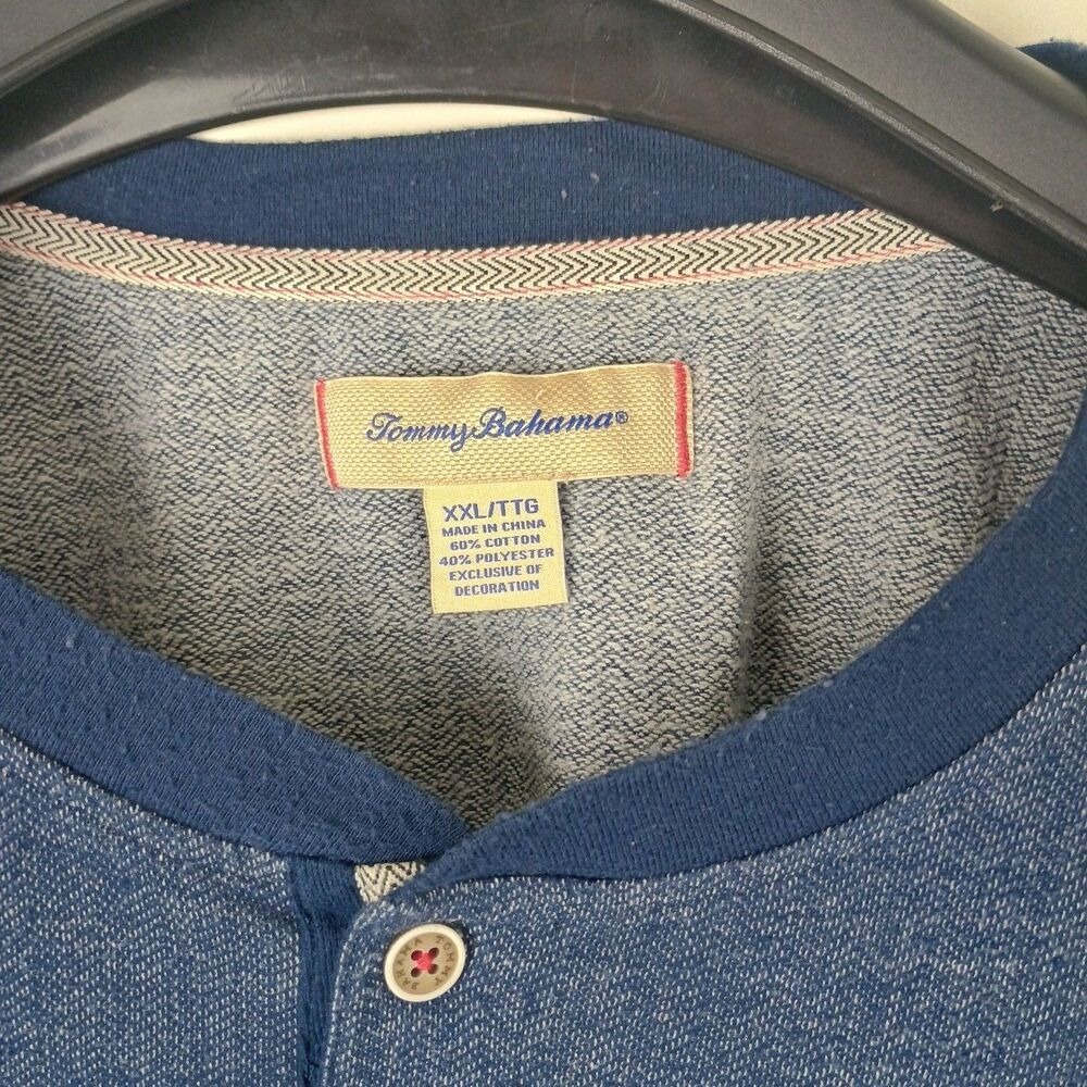 Tommy Bahama Henley Shirt Men XXL Blue Herringbone Long Sleeve Cotton Blend - Picture 2 of 9